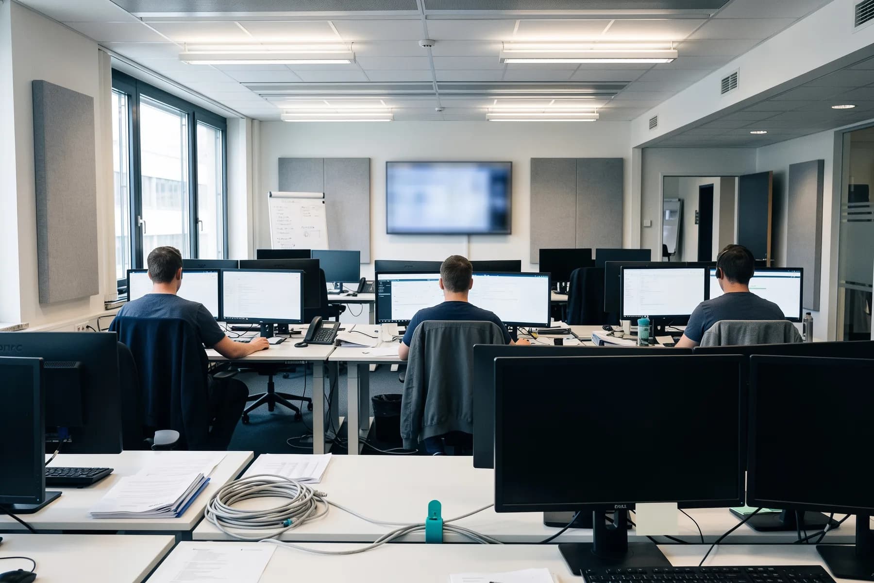 Drei Mitarbeitende an Arbeitsplätzen in einem Betriebsraum, von hinten aufgenommen.